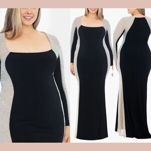 NWT $338 Xscape [ 18W ] Jillian Square Neck Beaded Long‎ Sleeve Gown Black Q1223